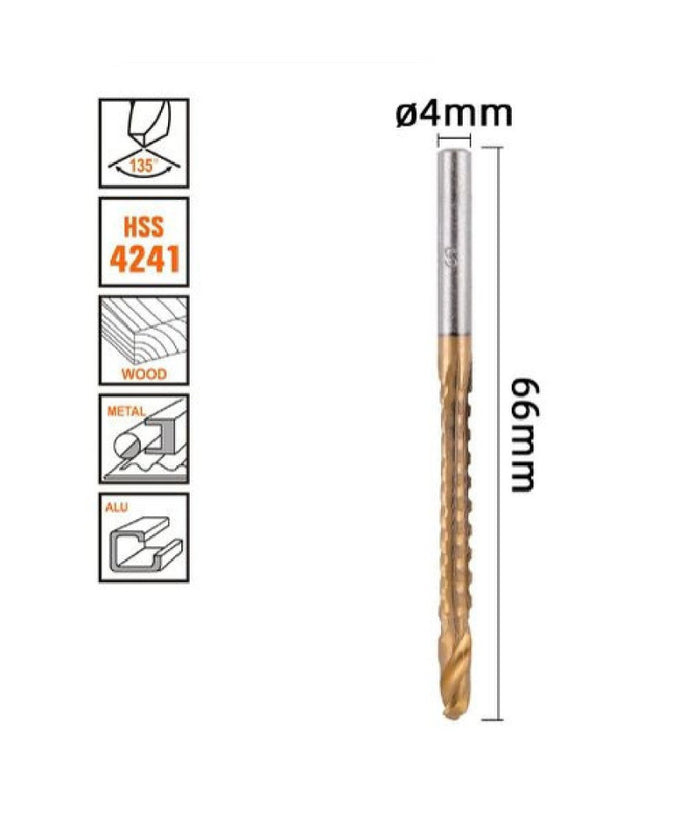 Punta Trapano Elicoidale à¸4mm X 60mm In Titanio Hss 4241 Per Metallo Legno 57148         