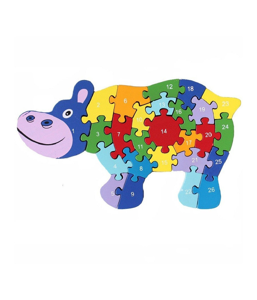 Puzzle Legno Ippopotamo Educativo Lettere Numeri Bambini Imparare         