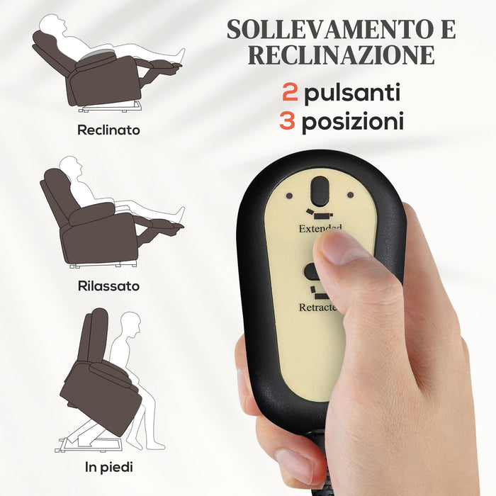 Poltrona Alzapersona Reclinabile 1 Motore con 8 Punti Massaggio 89x93x105 cm Riscaldamento e 2 Telecomandi Marrone