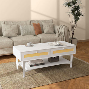 Tavolino da Caffè Boho con 2 Cassetti e Ripiano 120x50x50 cm in Rattan e Truciolato Bianco e Legno