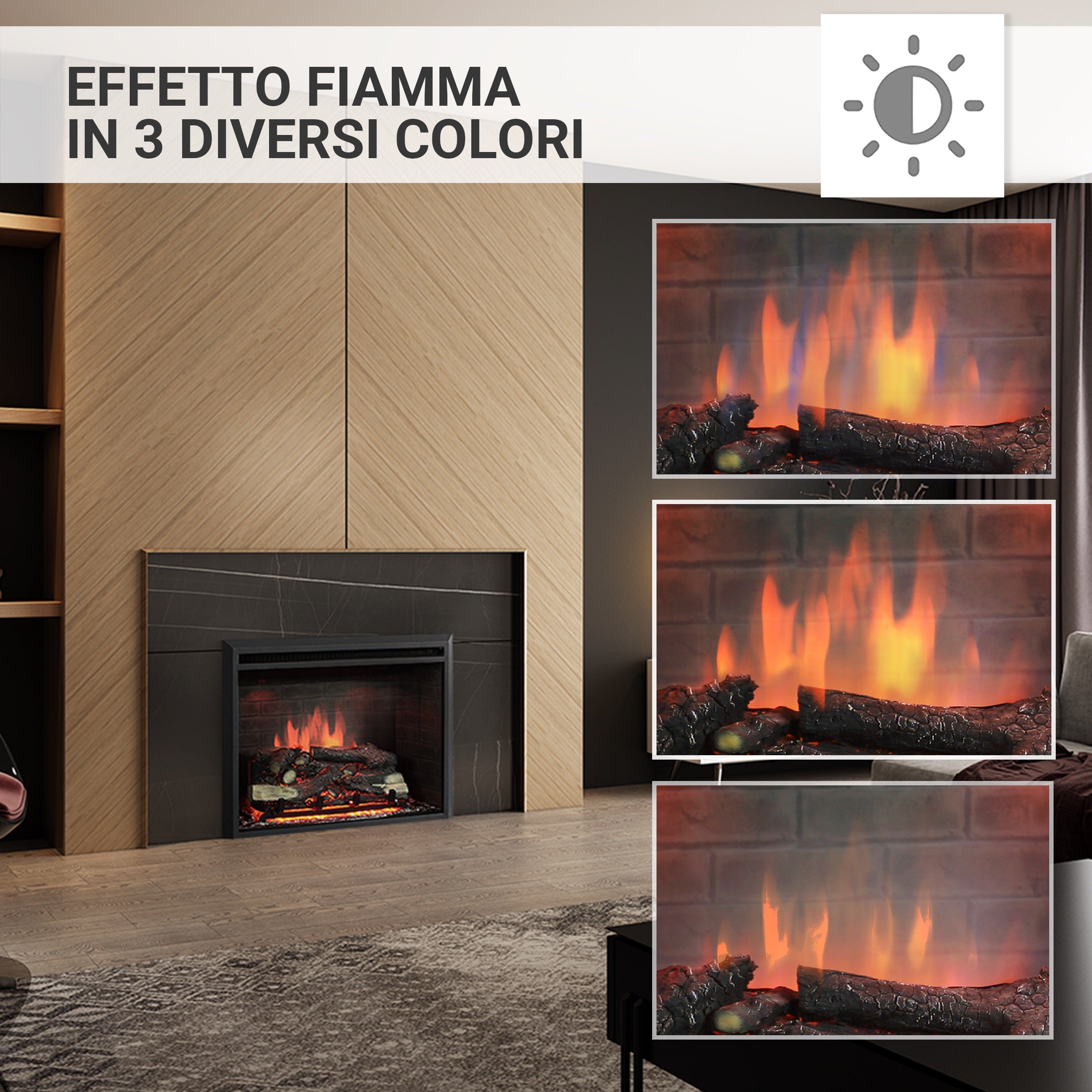 Camino elettrico a incasso Calida 33"| Fiamma 3D, riscaldamento 2000W, crepitio | Telecomando & Termostato | Nero