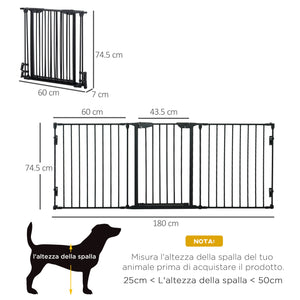 Cancellino per Cani Taglia Piccola e Media Pieghevole a 3 Pannelli 180x3x74,5 cm in Metallo e Plastica Nero