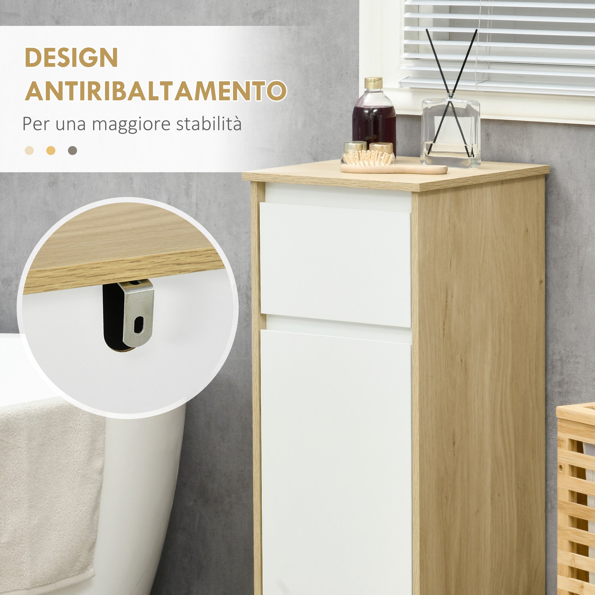 Mobile Bagno con Cassetto e Armadietto con Ripiano Regolabile Interno 32,6x30x90 cm in MDF Bianco e legno naturale