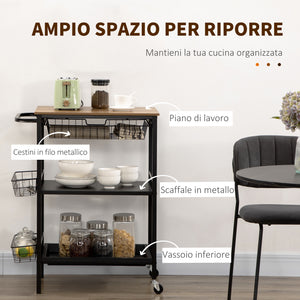 Carrello da Cucina 3 Livelli 75x43,5x91 cm con 2 Ruote e Cesto Estraibile color Legno e Nero