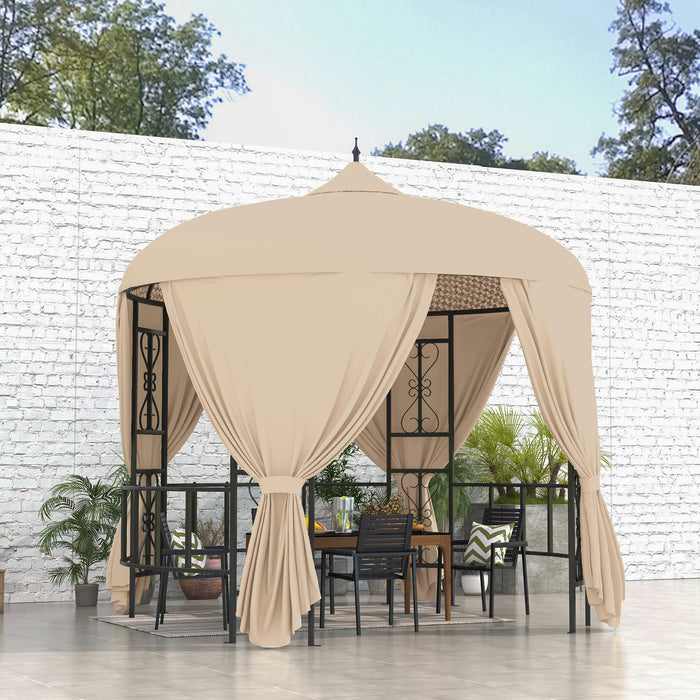 Gazebo da Giardino Rotondo Ø3m con Tende e Prese d'Aria in Metallo e Poliestere Beige