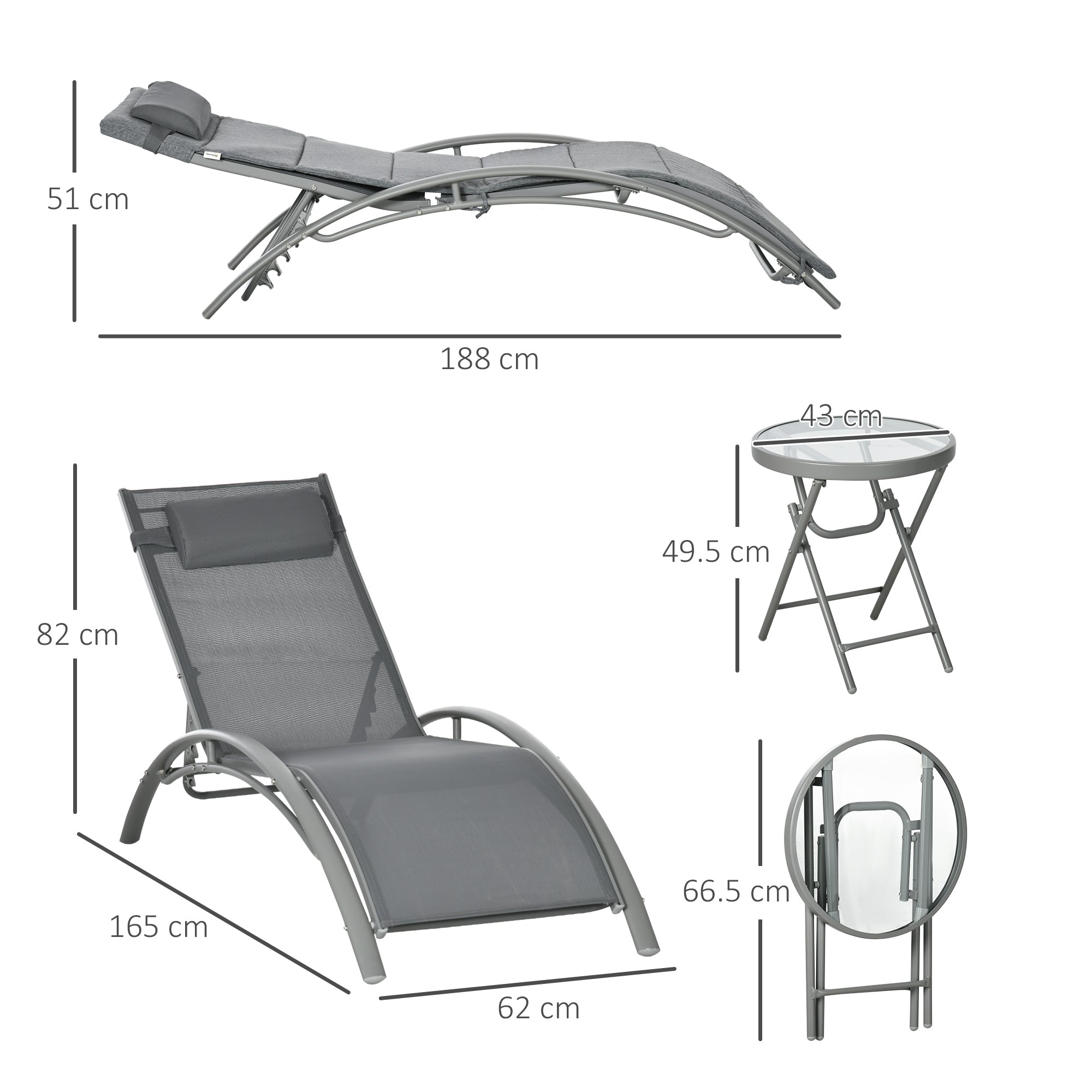 Set 2 Lettini Prendisole da Giardino 62x165x82 cm con Tavolino in Alluminio e Acciaio Grigio