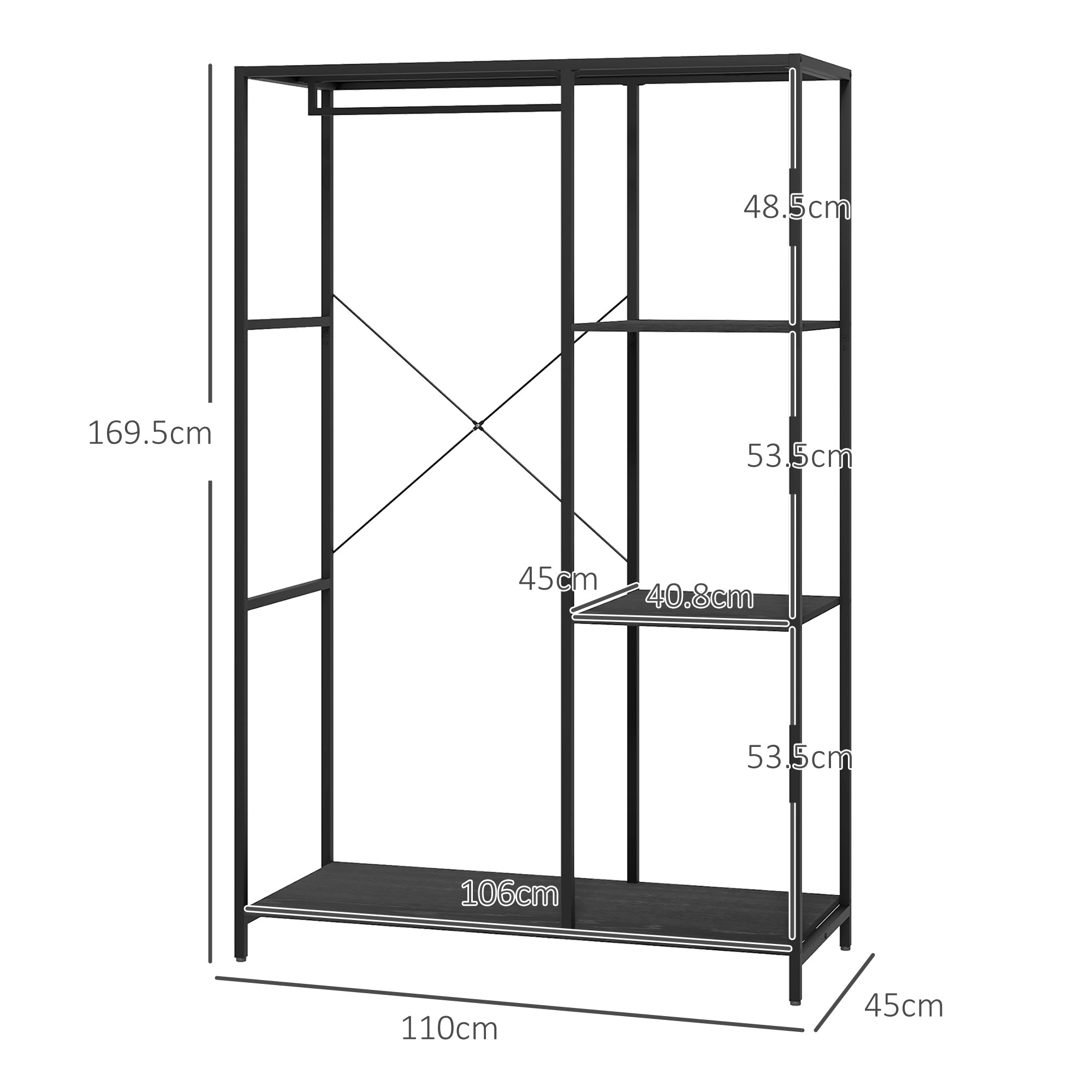 Mobile da Ingresso con Appendiabiti da Terra e Scarpiera 110x45x169,5 cm in Acciaio e Truciolato Nero