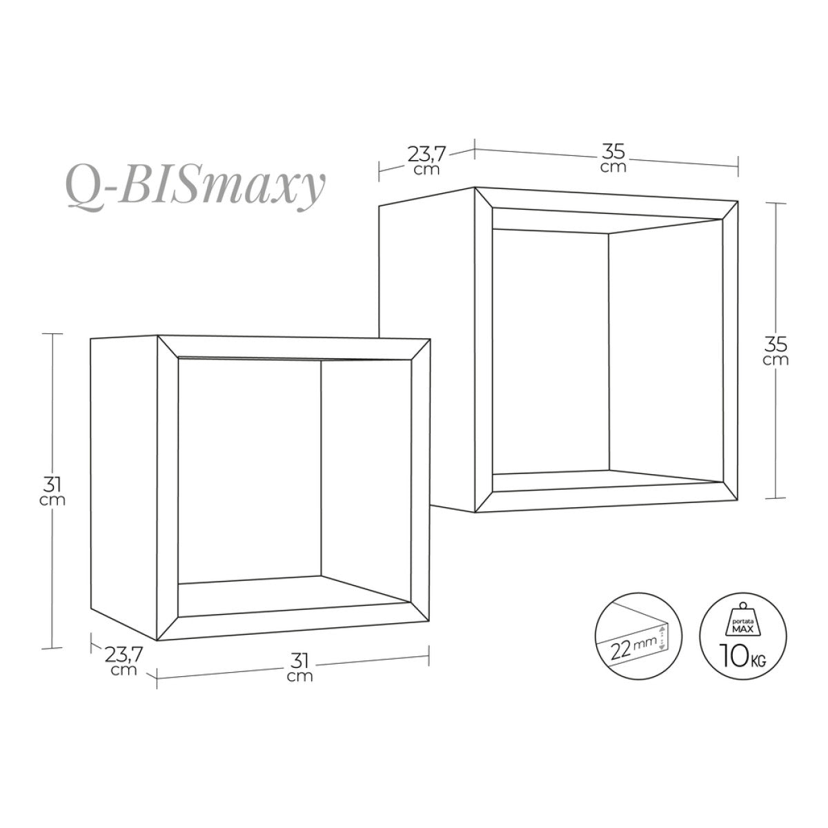 Mensola da parete a cubo Set 2 Mensole Q-BIS MAXI 35x35 p23.7 cm e 31x31 p23.7 cm. CILIEGIO - MADE IN ITALY