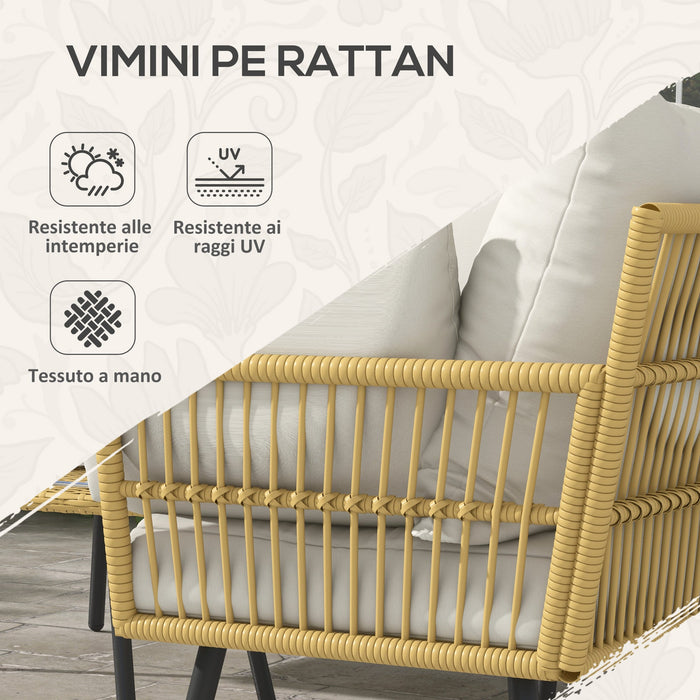 Set Salotto da Giardino Divano Angolare e Tavolino in Rattan e Poliestere Bianco Crema