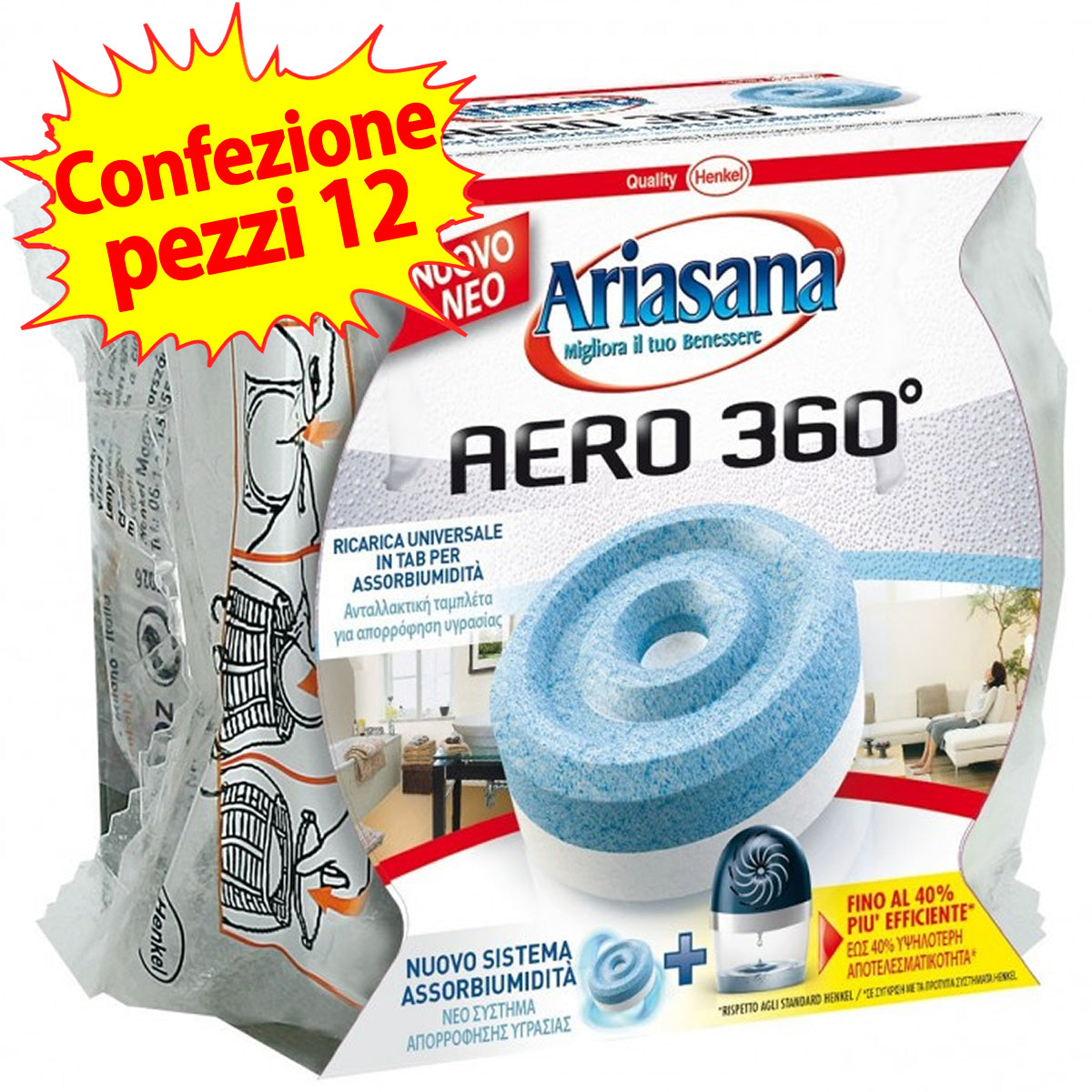 Ariasana ricarica tab aero inodore 360 gradi universale confezione da 12 pacchi da 450 grammi ciascuno