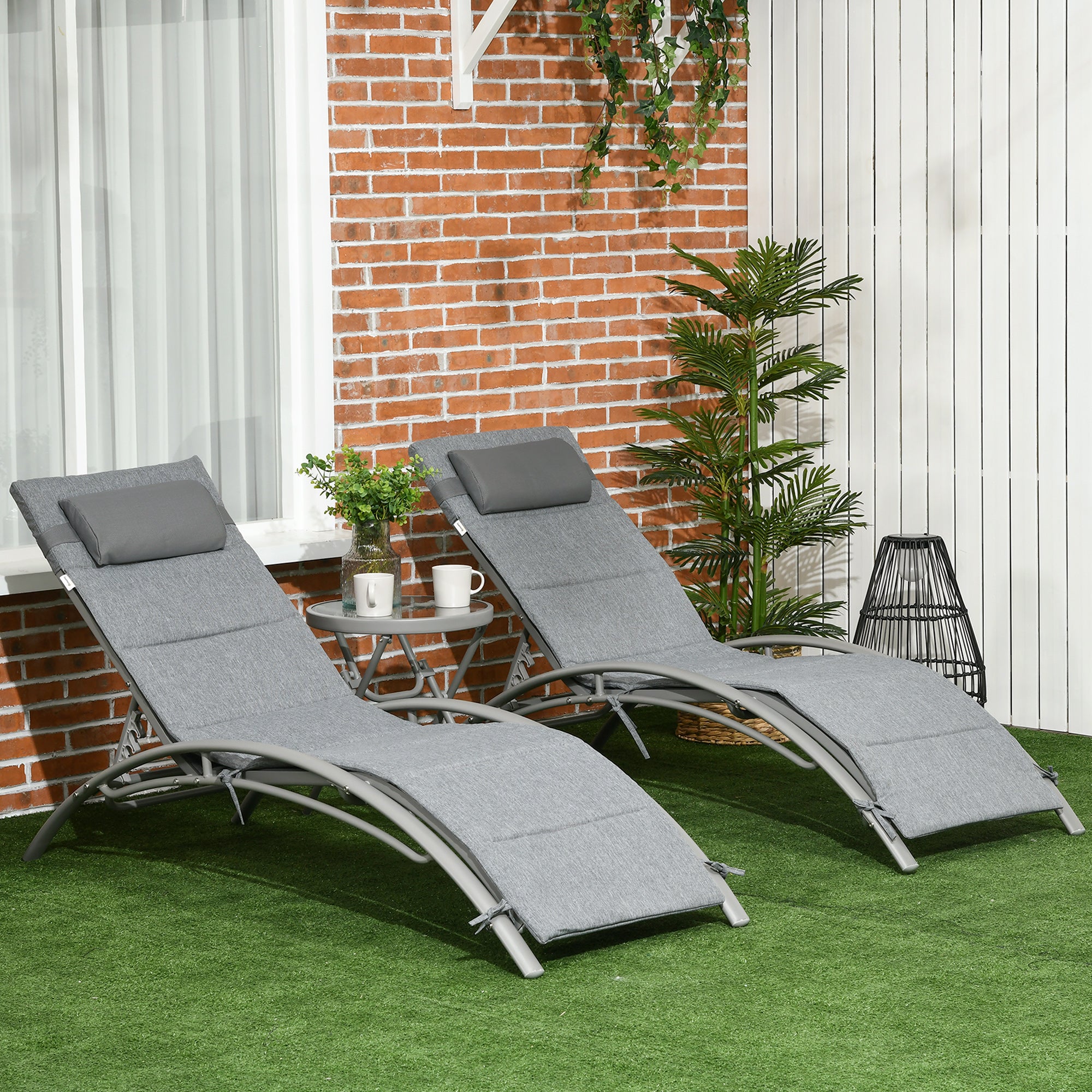 Set 2 Lettini Prendisole da Giardino 62x165x82 cm con Tavolino in Alluminio e Acciaio Grigio