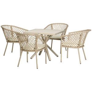 Set Tavolo e 4 Poltrone da Giardino con Cuscini in Acciaio e Rattan PE Khaki