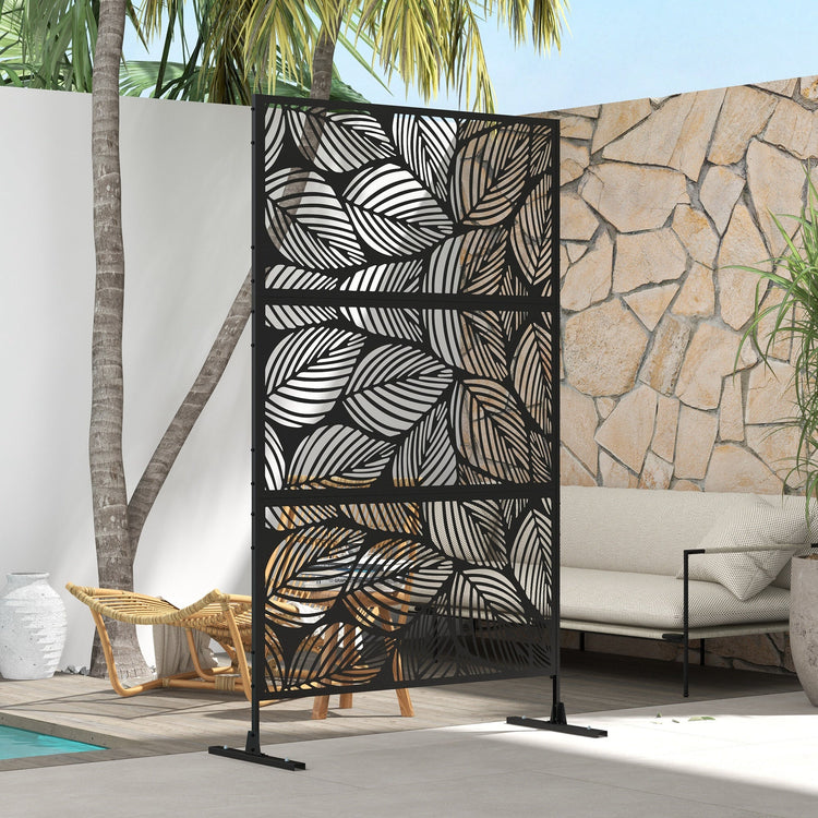 Paravento da Esterno Decorativo  con Design a Foglie 122x198 cm in Acciaio Traforato Nero