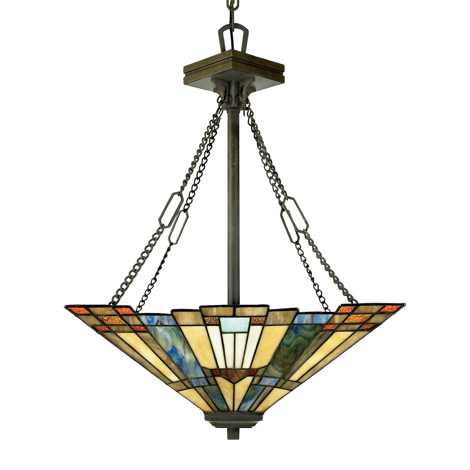 Lampadario Tiffany Inglenook Metallo Bronzo Valiant Piramide 3 Luci E27