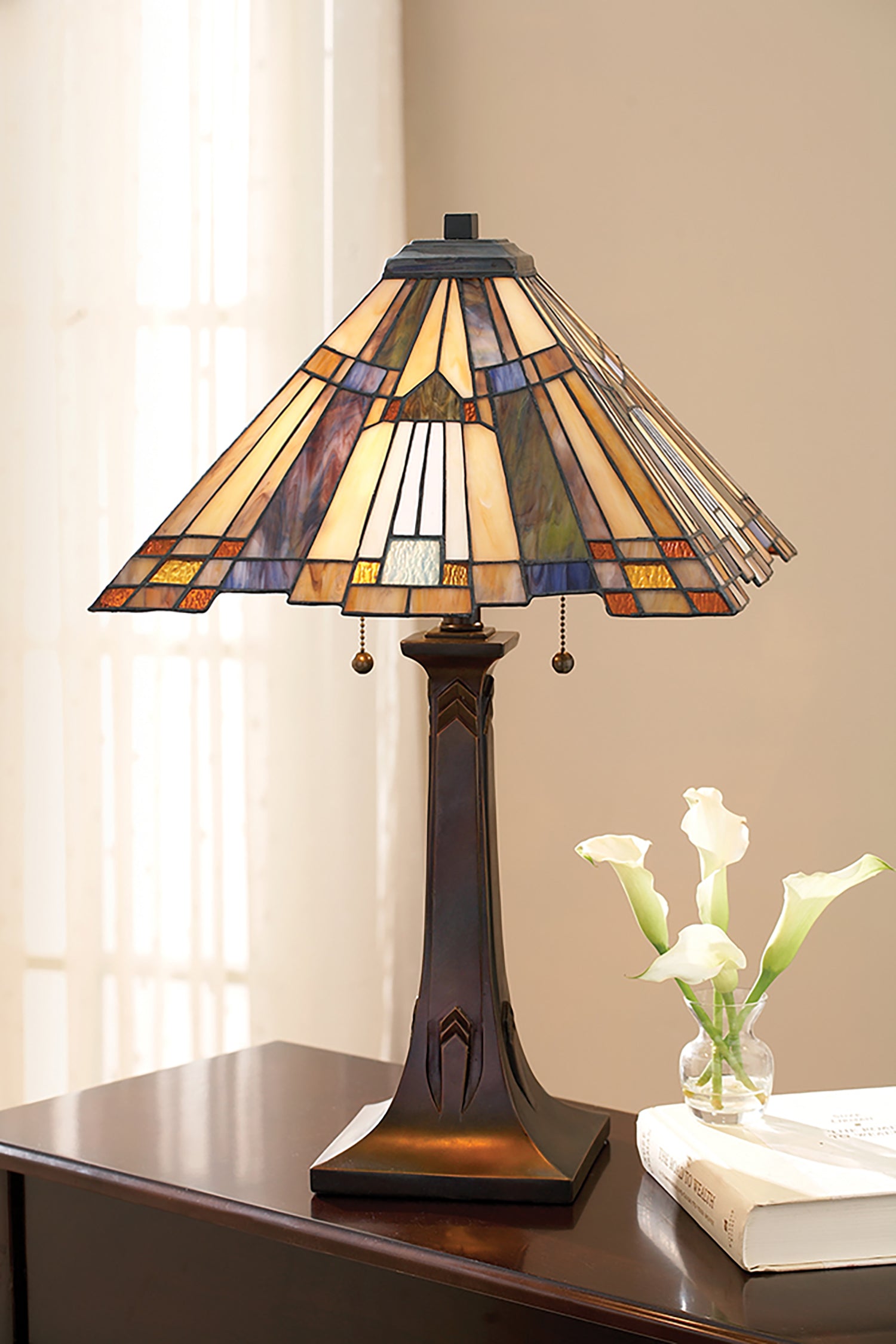 Lampada Da Scrivania Tiffany Inglenook Metallo Bronzo Valiant 2 Luci E27