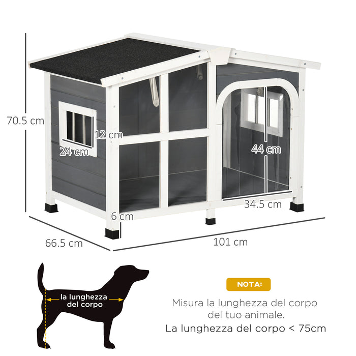 Cuccia da Esterno per Cani 101x66,5x70,5 cm Finestra e Tetto Apribile in Legno Grigio