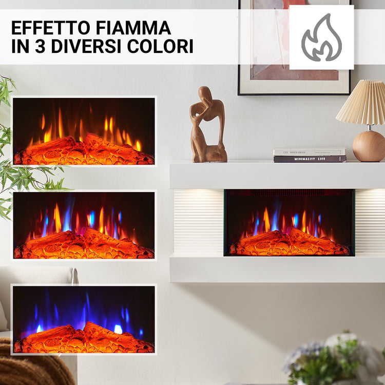 Camino elettrico a parete Ida | Effetto fiamma 3D, riscaldamento 1800W | Telecomando, timer e termostato | Bianco