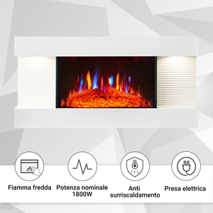 Camino elettrico a parete Ida | Effetto fiamma 3D, riscaldamento 1800W | Telecomando, timer e termostato | Bianco