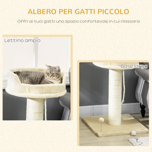 Albero Tiragraffi per Gatti 55x55x83 cm con Lettino e Pallina in Peluche e Sisal Beige