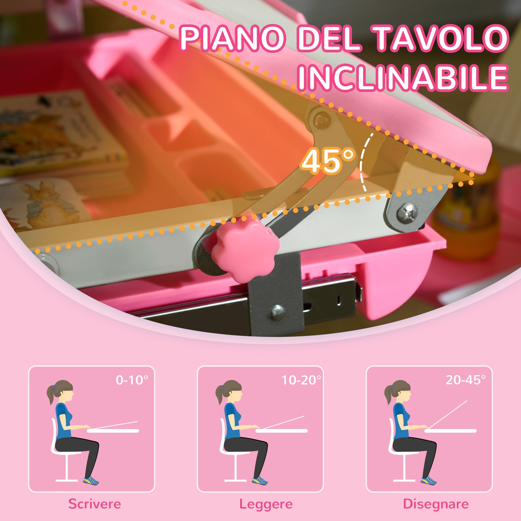 Banco Scuola per Bambini Piano Inclinabile e Sedia Regolabile 66x47x52-77 cm Rosa