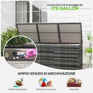 Panca Contenitore Rialzata con Fodera Interna 180x60x73 cm in Acciaio e Rattan Grigio e Crema