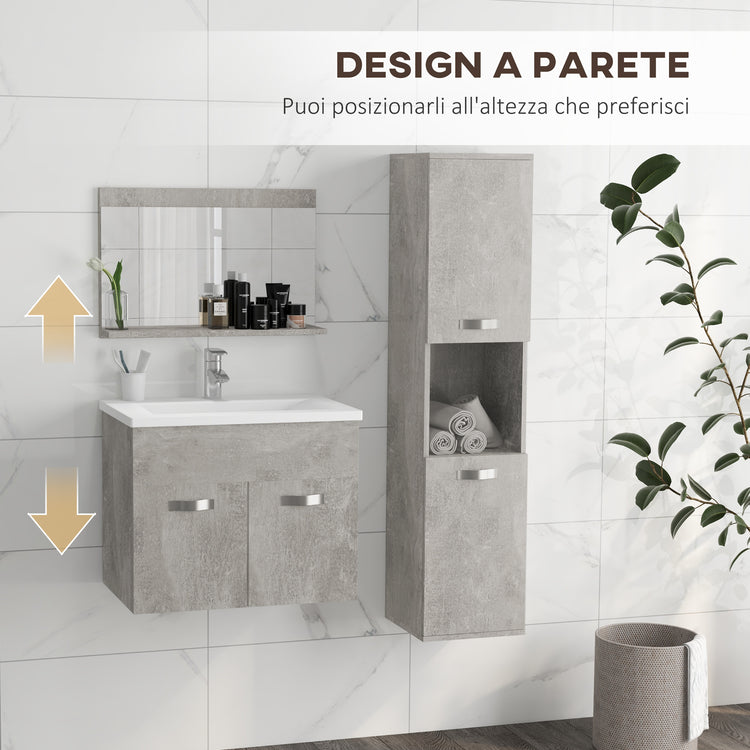 Mobile Bagno Sospeso 60 cm Lavabo Specchio e 1 Pensile Grigio