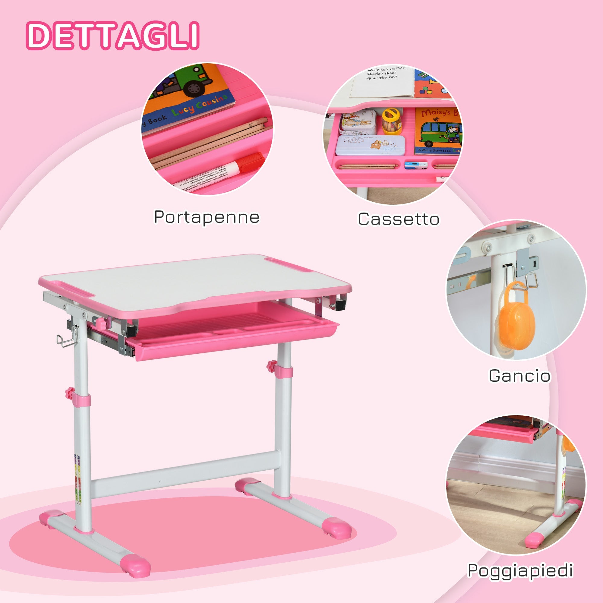 Banco Scuola per Bambini Piano Inclinabile e Sedia Regolabile 66x47x52-77 cm Rosa