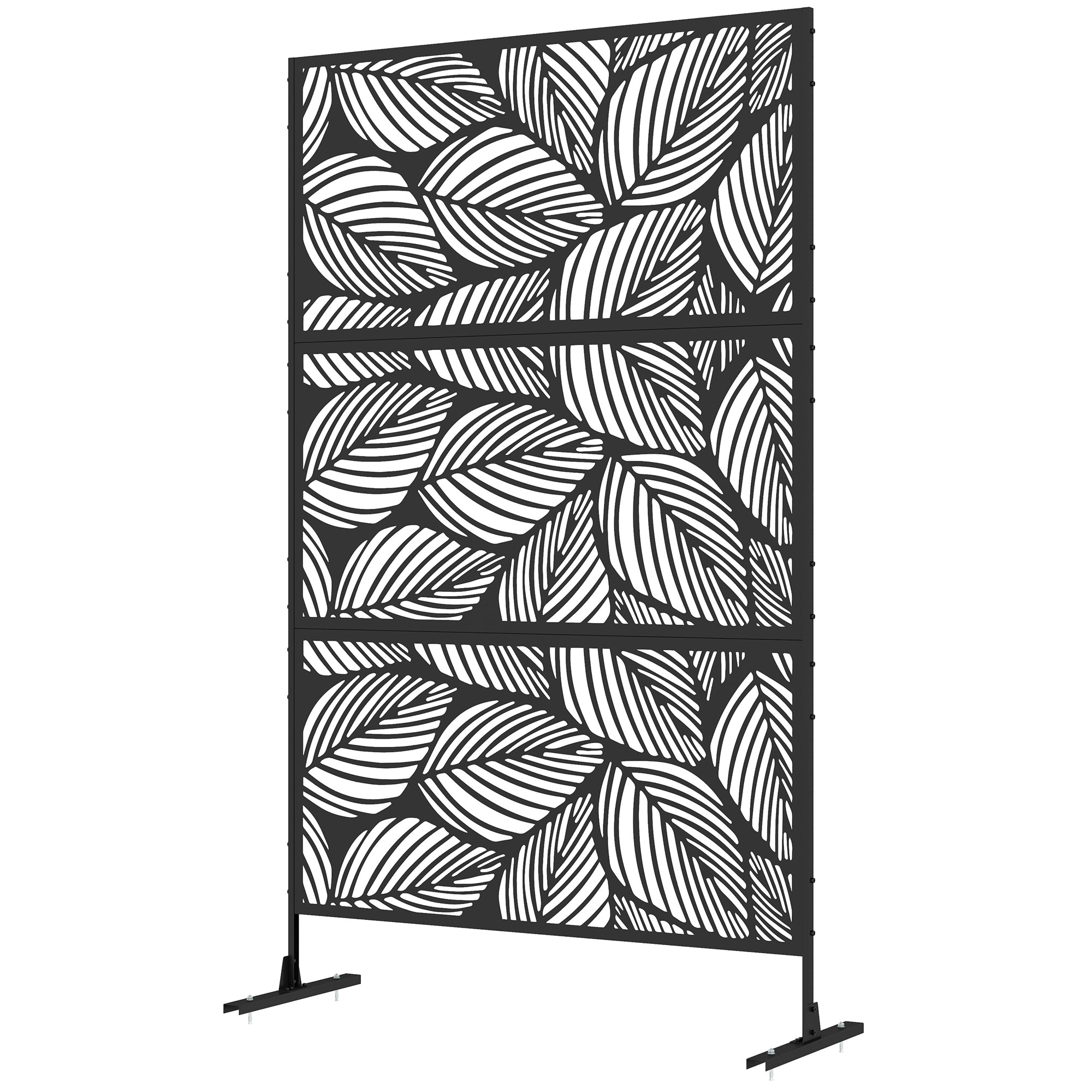 Paravento da Esterno Decorativo  con Design a Foglie 122x198 cm in Acciaio Traforato Nero