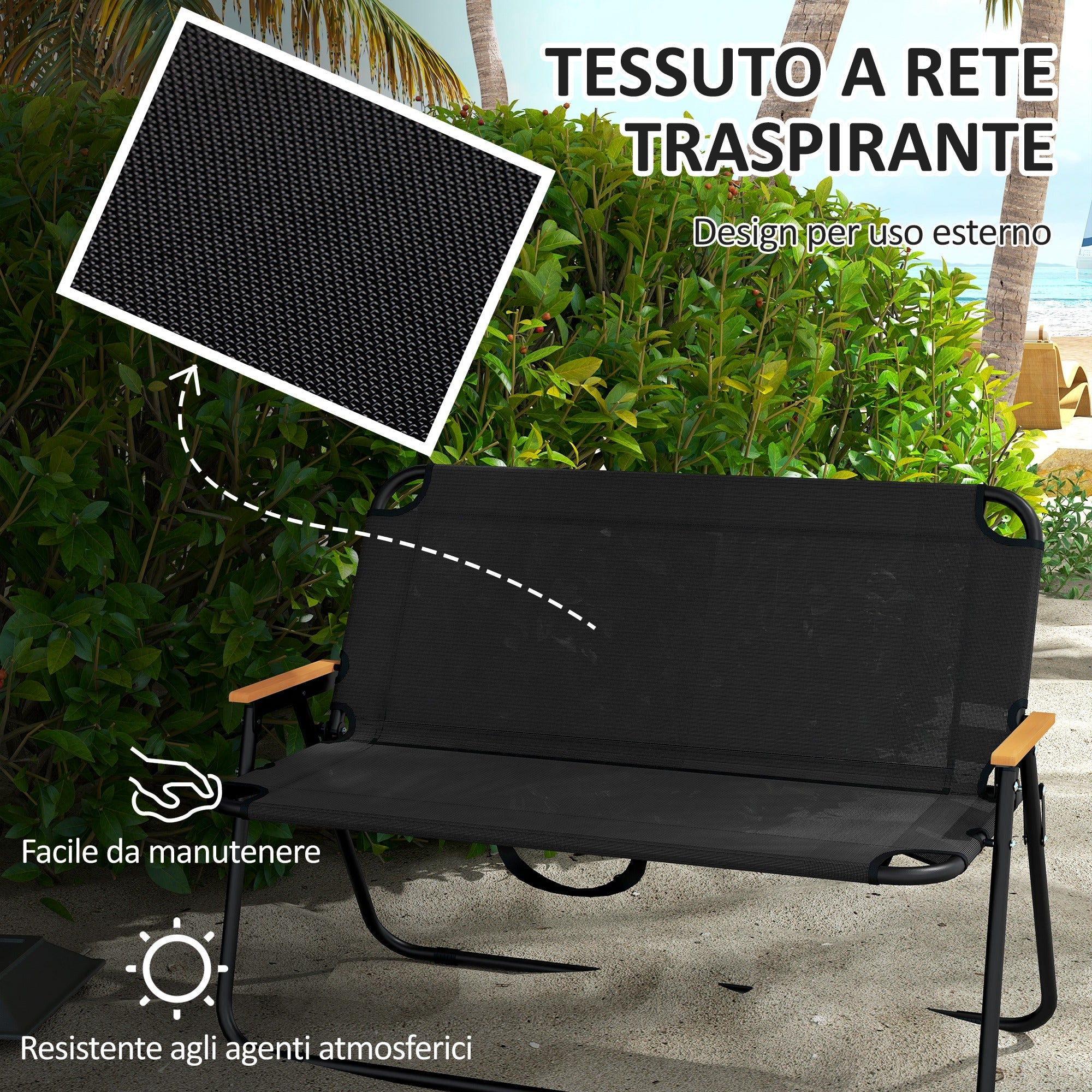 Sedia Panchina da Campeggio 2 Posti Pieghevole 108x65x73cm in Acciaio e tessuto Oxford Nero