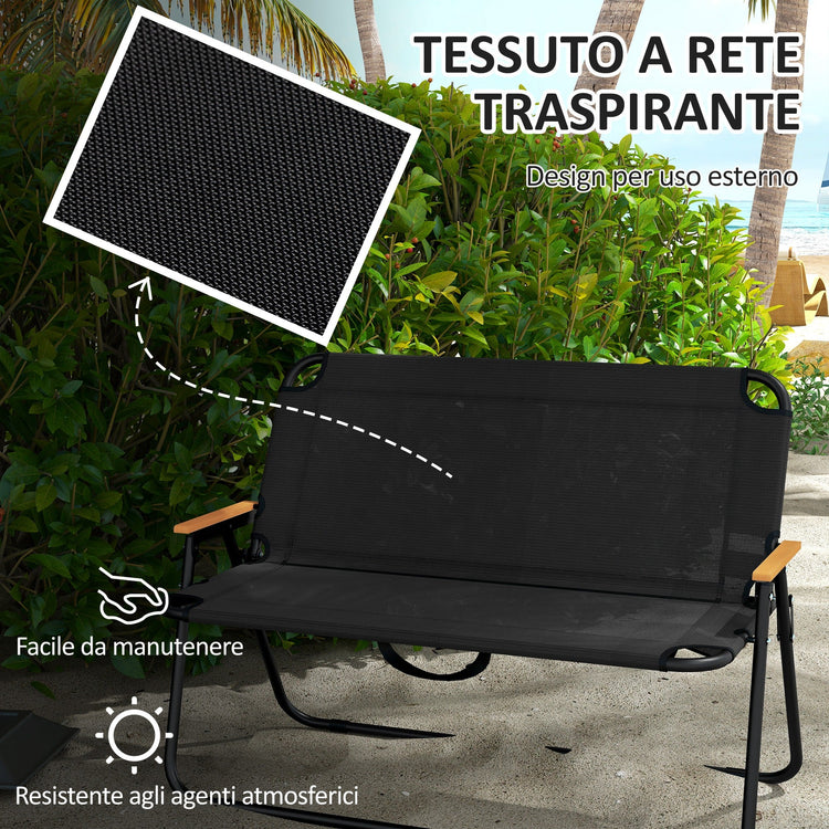 Sedia Panchina da Campeggio 2 Posti Pieghevole 108x65x73cm in Acciaio e tessuto Oxford Nero