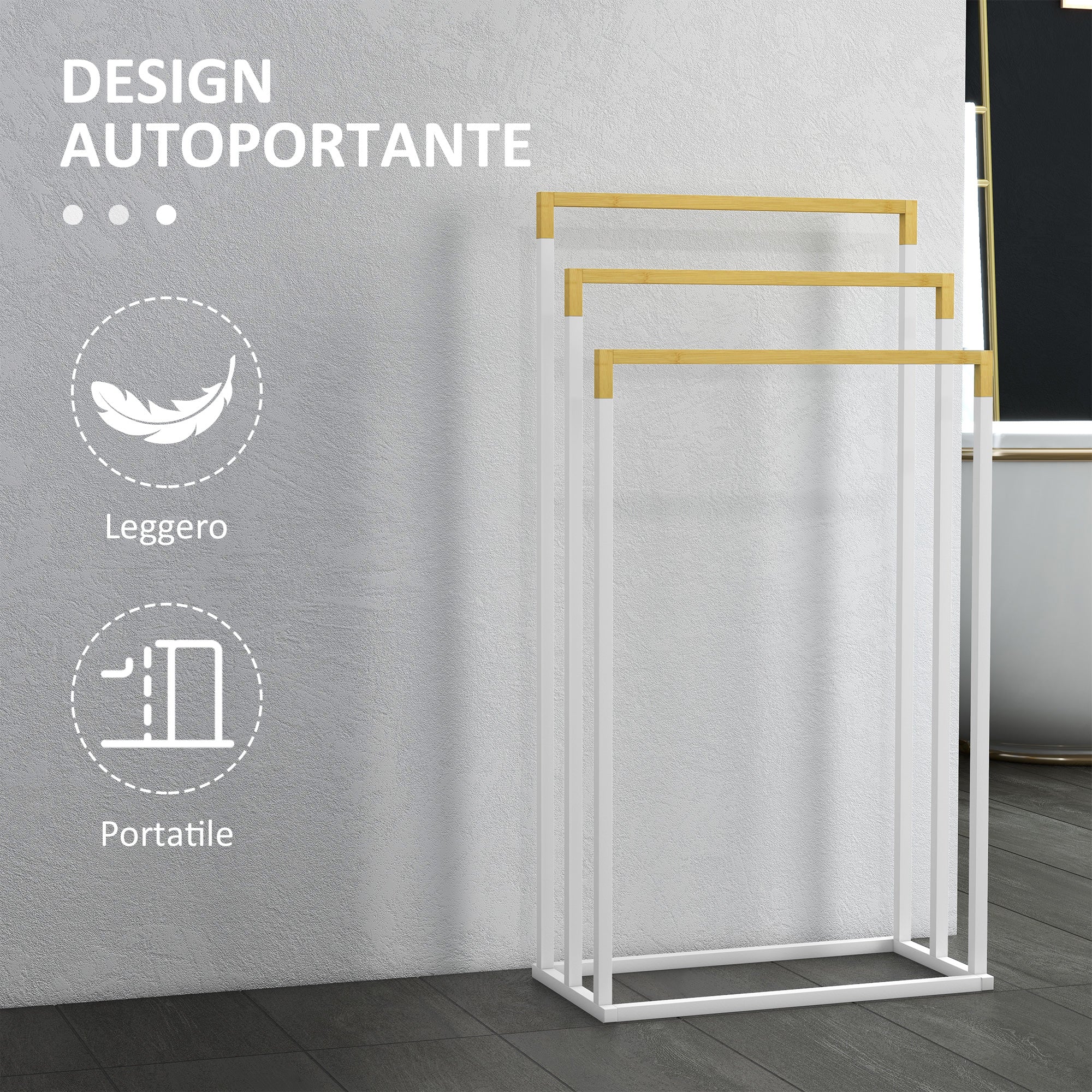 Portasciugamani Autoportante a 3 Sbarre 45x22,5x86 cm in Bambù e Acciaio Bianco e Legno