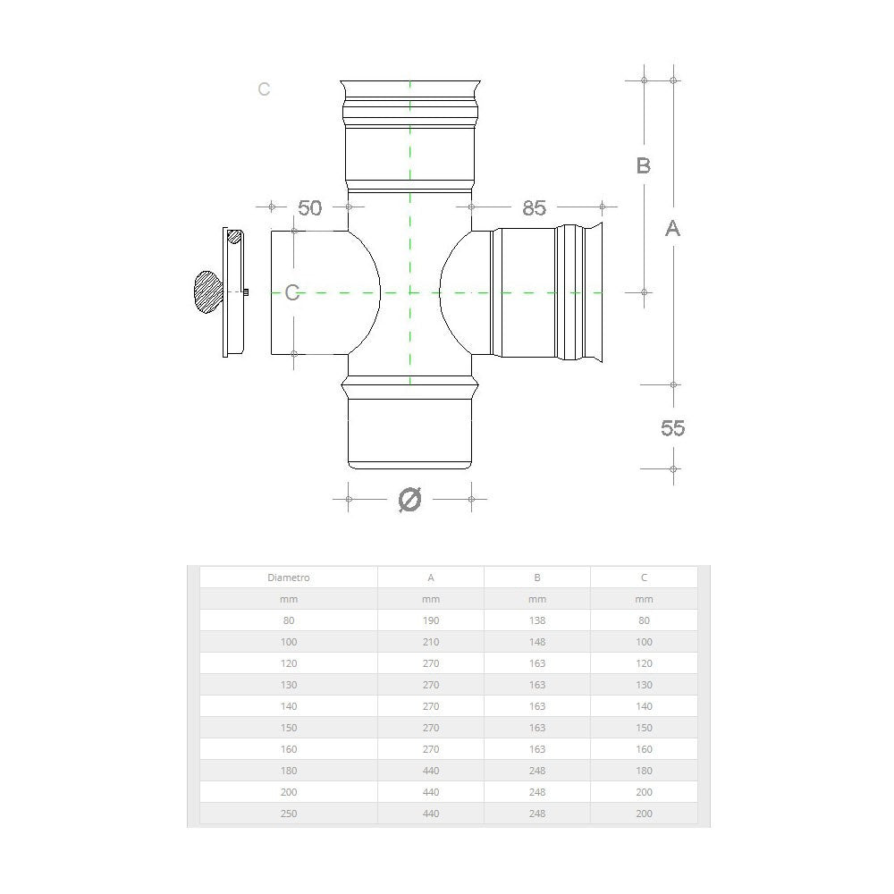 Raccordo a t da 130mm in acciaio inox croce con ispezione 5 decimi aisi 304