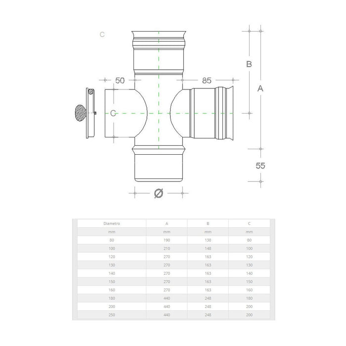 Raccordo a t da 200mm in acciaio inox croce con ispezione 5 decimi aisi 304