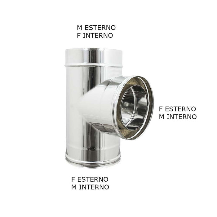 Raccordo inox a tee t doppia parete di 200 - de 250 mm