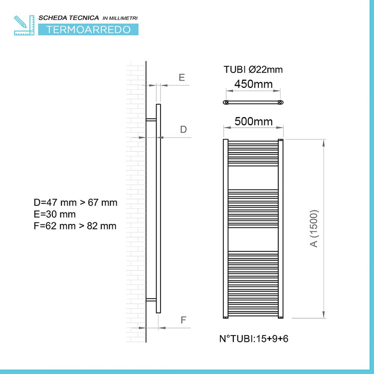 Termoarredo design nero opaco L 50x150 interasse 45 cm con Kit valvole