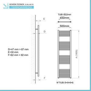 Termoarredo design nero opaco L 50x180 Interasse 45 cm con Kit valvole