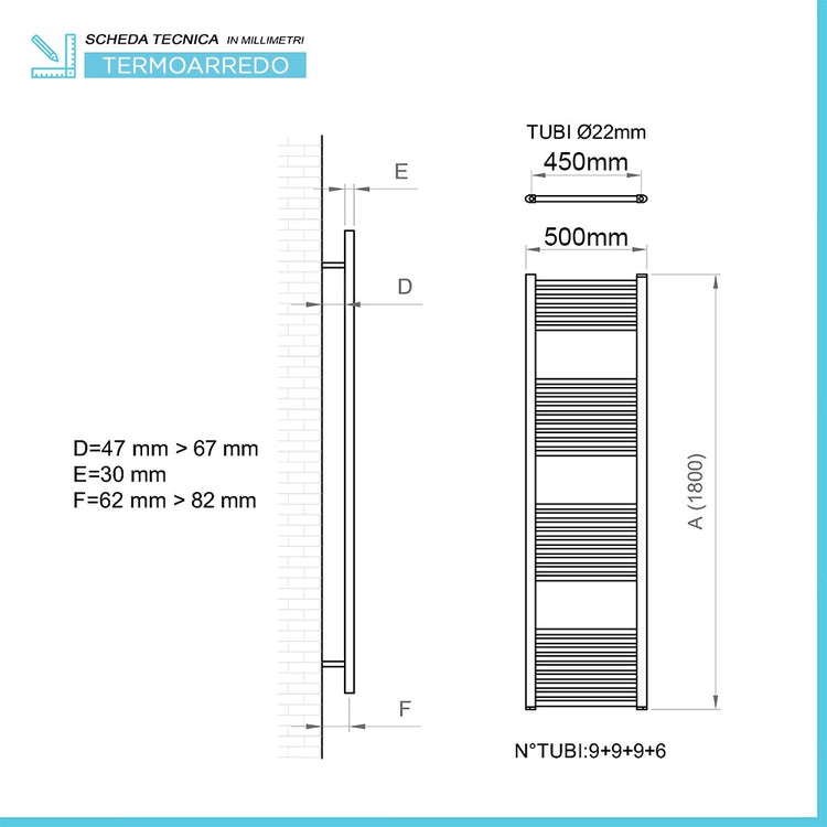 Termoarredo design nero opaco L 50x180 Interasse 45 cm con Kit valvole