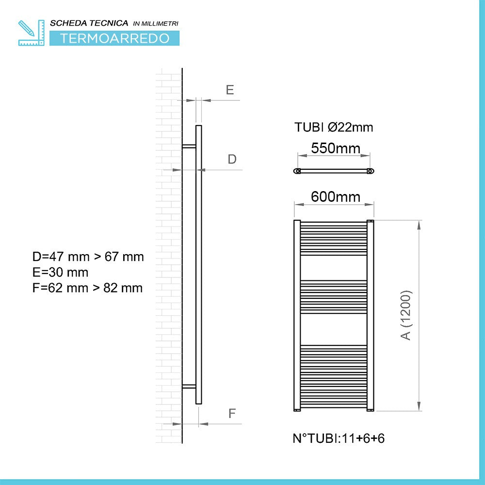 Termoarredo design nero opaco L 60x120 interasse 55 cm con Kit valvole