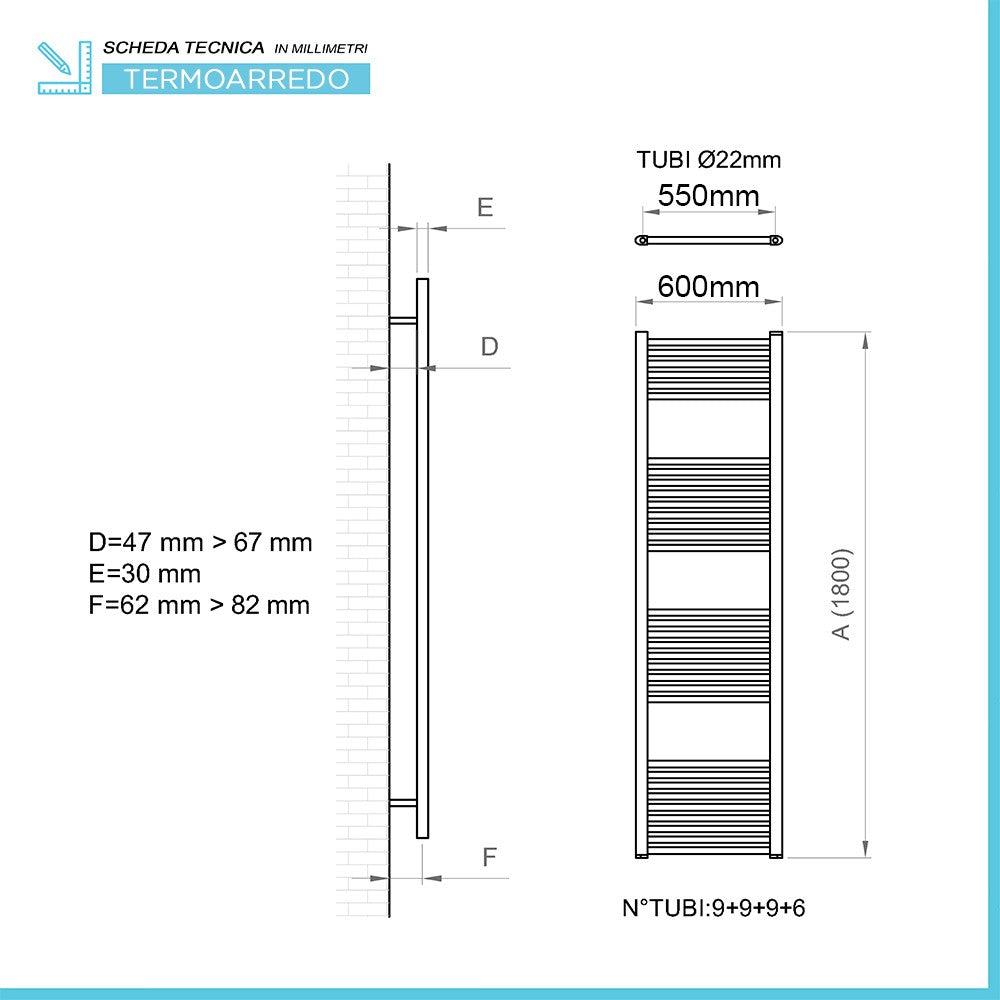 Termoarredo design nero opaco L 60x180 interasse 55 cm con Kit valvole