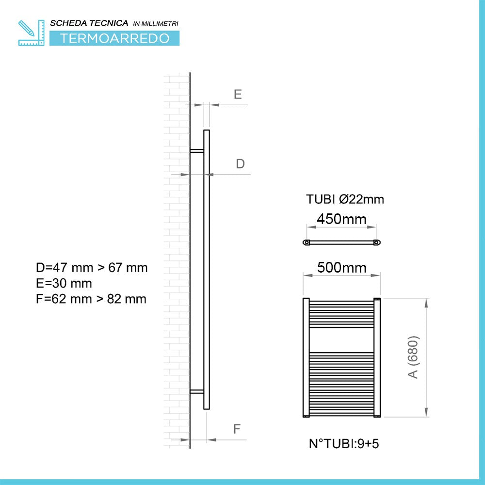 Radiatore termoarredo cromo L 50x68 Interasse 45 cm