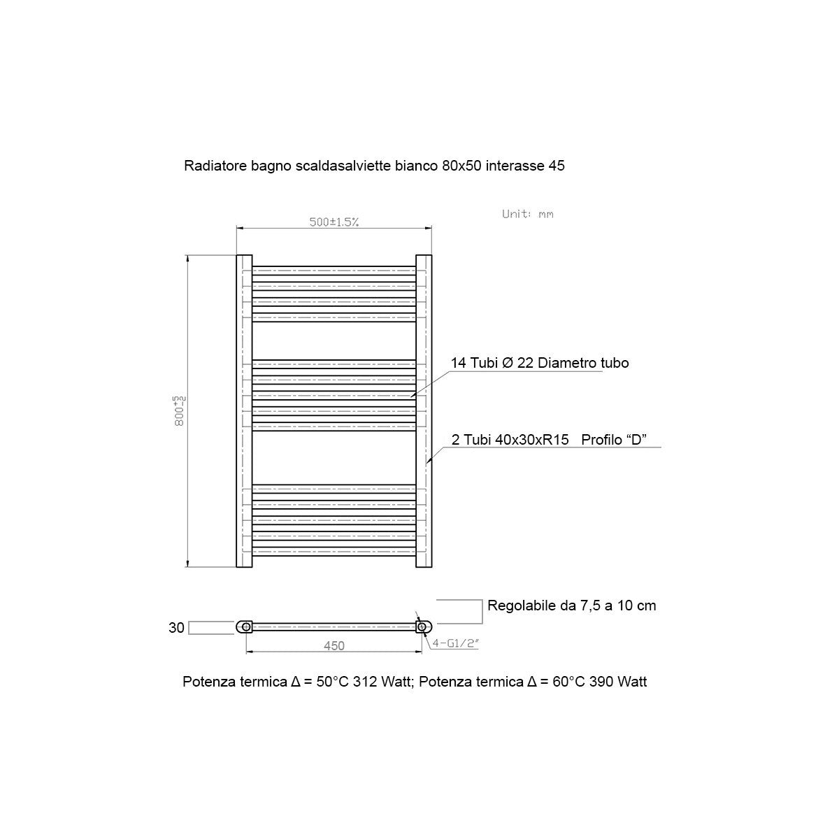 Scaldasalviette termoarredo 80x50 bianco interasse 45 cm idraulico