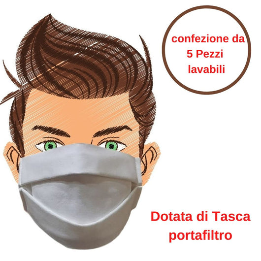 Mascherina di protezione bianca 5 pezzi riutilizzabile e lavabile cotone 100% con elastici