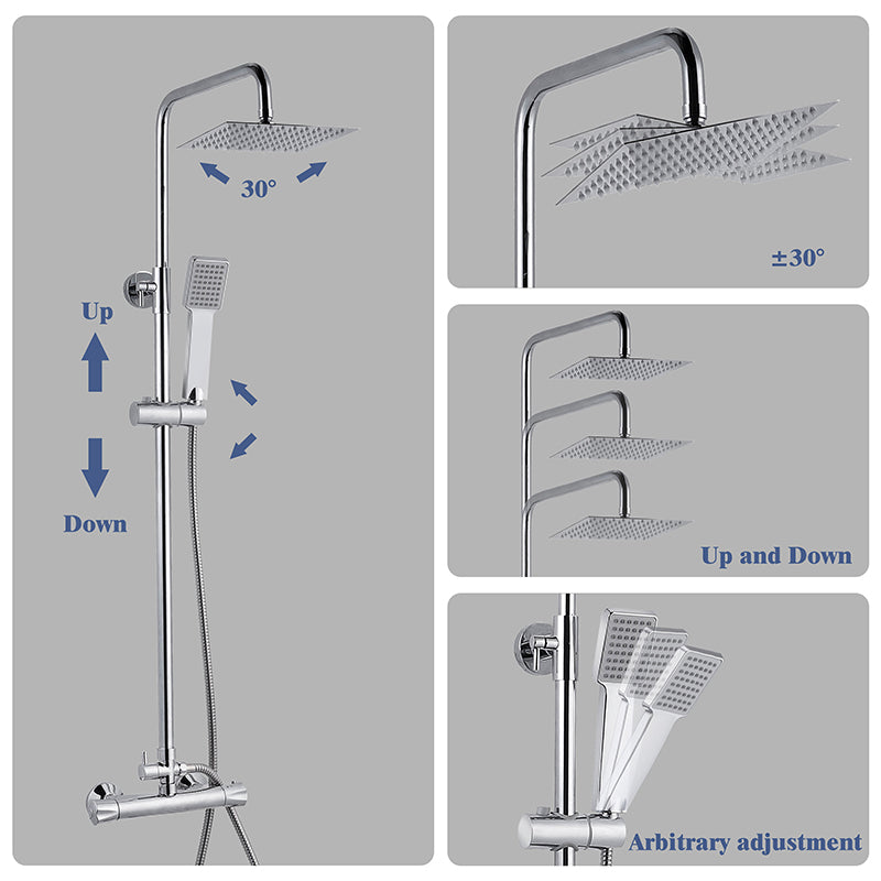 AICA ITALY Sistema Doccia con Miscelatore Termostatico a 38℃, Colonna Doccia Quadrato in Acciaio Inox Altezza Regolabile 85-125cm Cromo