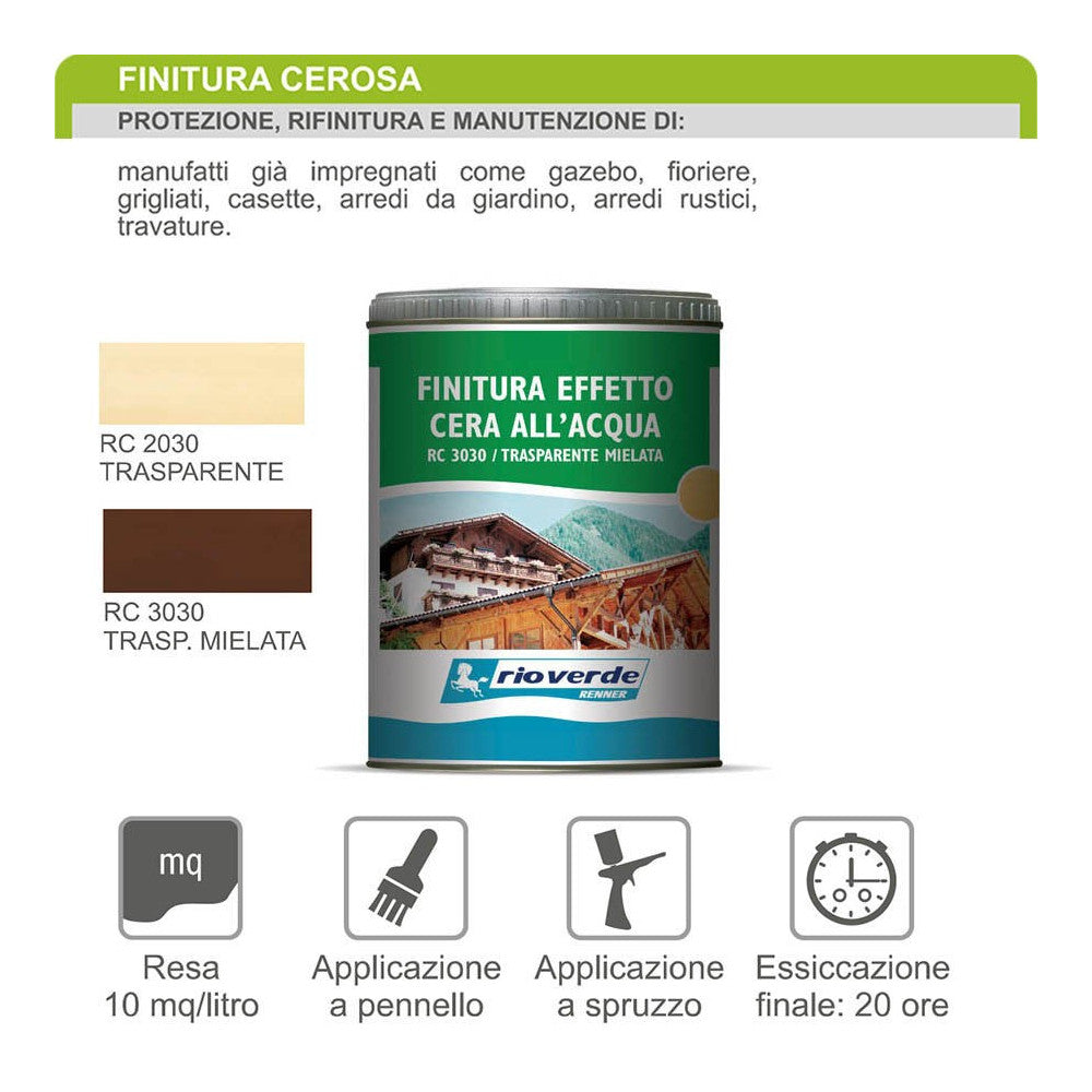 Renner rc 750ml finitura acqua cera per esterni ed interni, colori disponibili  trasparente mielata