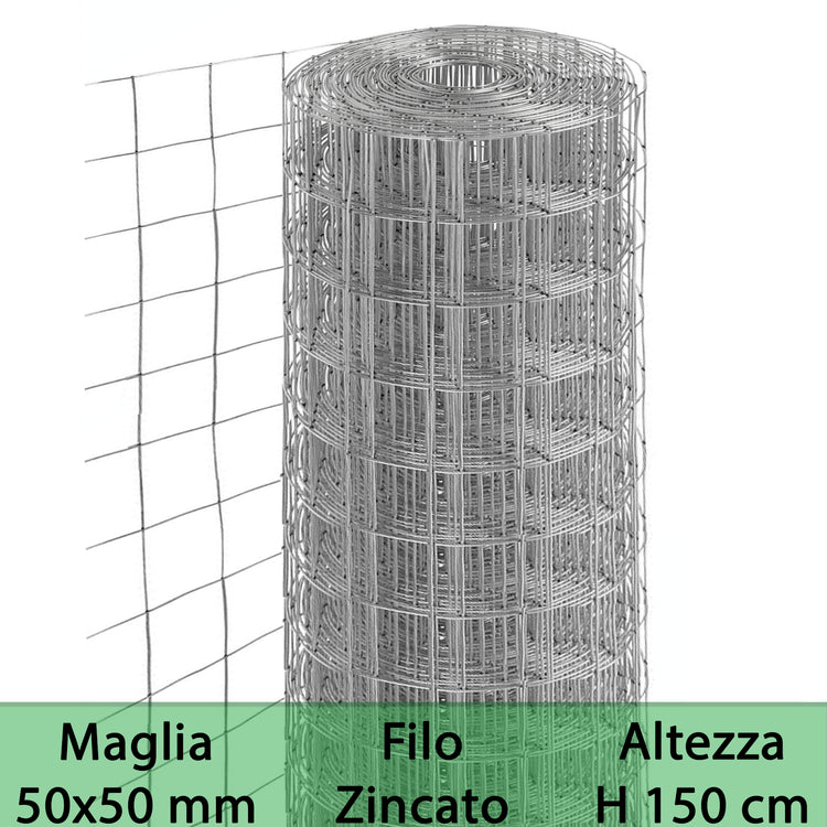 2Pz Rete Per Recinzione Zincata Altezza H 150 Cm Maglia Elettrosaldata 50X50 Mm Filo 1,8 Mm Lughezza Rotolo Da 25 Mt Per Recinzione Grigio