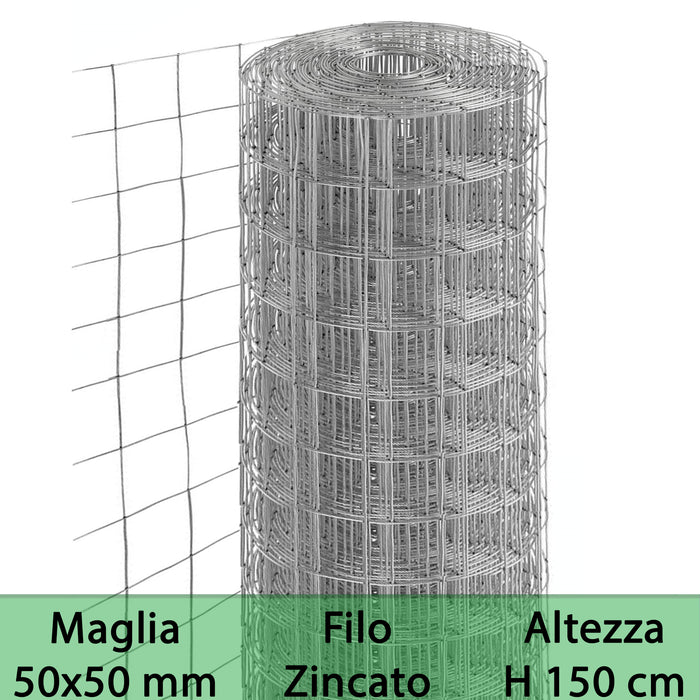 2Pz Rete Per Recinzione Zincata Altezza H 150 Cm Maglia Elettrosaldata 50X50 Mm Filo Ã˜ 1,8 Mm Lughezza Rotolo Da 25 Mt Per Recinzione Grigio