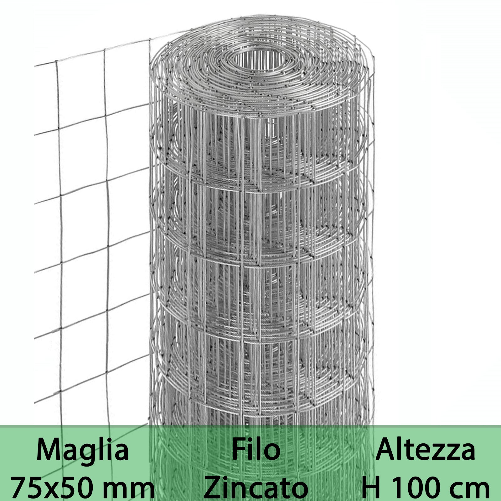 1pz rete per recinzione zincata altezza h 100 cm maglia elettrosaldata 75x50 mm filo ø 1,7 mm lughezza rotolo da 25 mt per recinzione grigio cod:ferx.mi.1.s