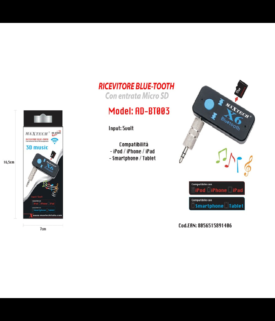 Ricevitore Bluetooth Adattatore Audio Portatile Microfono Incorporato Maxtech Ad-bt003         