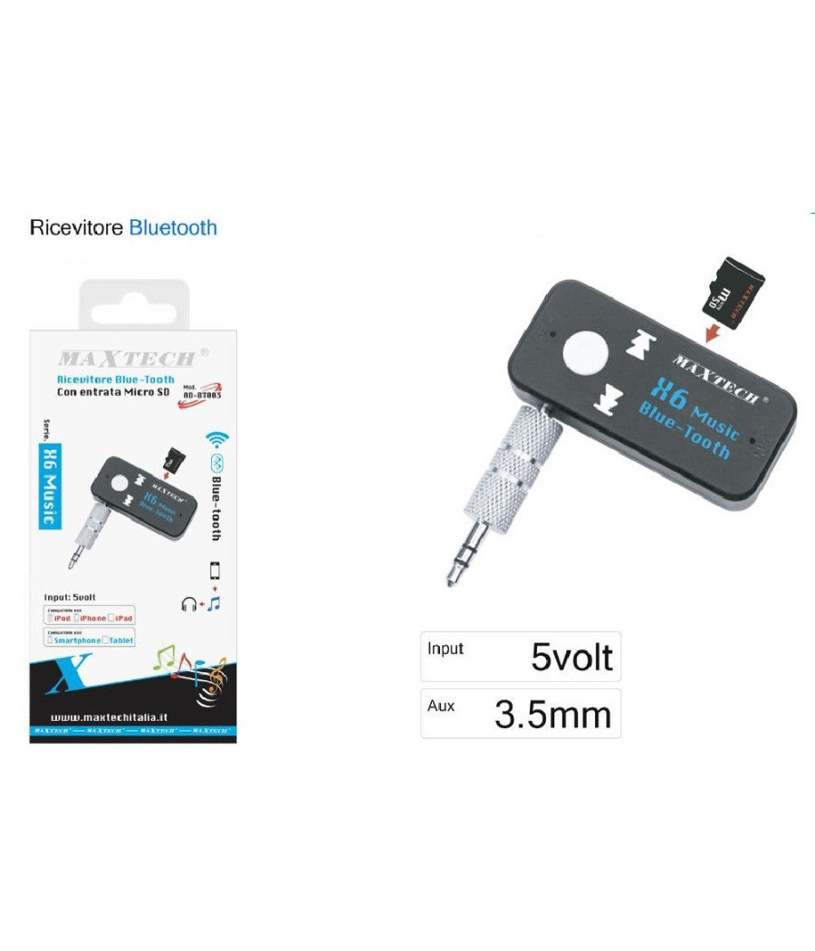 Ricevitore Bluetooth Adattatore Audio Portatile Microfono Incorporato Maxtech Ad-bt003         