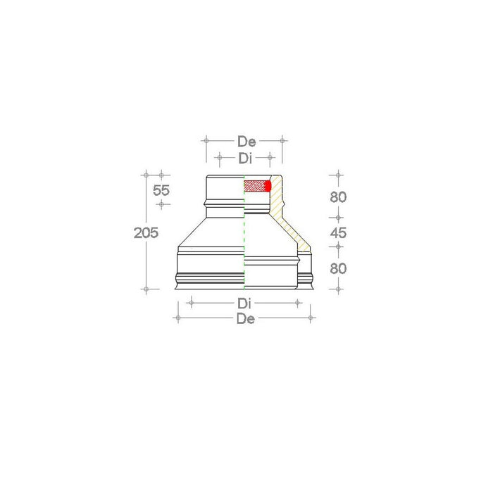 Riduzione inox doppia parete da di 150 - de 200 mm a di 100 - de 150 mm